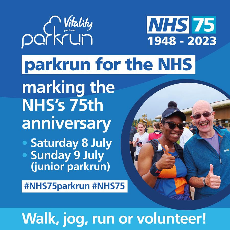 NHS 75th birthday 👩‍⚕️👨🏽‍⚕️

8 July 2023 

More details will follow soon.

Please save the date.

#NHS75parkrun #NHS75 #loveparkrun