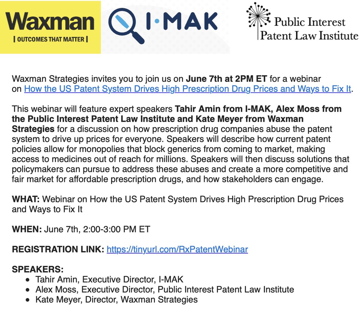 Public Interest Patent Law Institute (@publicpatent) on Twitter photo Want to learn how the patent system drives up drug prices and what you can do about it?
Join the conversation with @waxmanstrategies, <a href="/IMAKglobal/">Initiative for Medicines, Access & Knowledge</a>, & us this Wednesday at 2pm ET.
More info below and registration here: tinyurl.com/RxPatentWebinar Want to learn how the patent system drives up drug prices and what you can do about it?
Join the conversation with @waxmanstrategies, <a href="/IMAKglobal/">Initiative for Medicines, Access & Knowledge</a>, & us this Wednesday at 2pm ET.
More info below and registration here: tinyurl.com/RxPatentWebinar