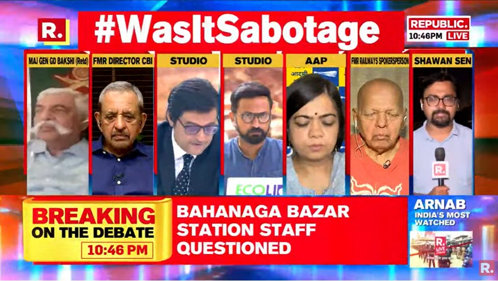 republic's tweet photo. #WasItSabotage in Odisha? What will the CBI look for? A P Singh, Former Director CBI, says 'whether it's negligence or someone has deliberately done this'.
Watch to know the unanswered questions #LIVE here - https://t.co/kJoFDiLub5
#Odisha #Balasore #CoramandelExpress https://t.co/aYAlGr57Pd