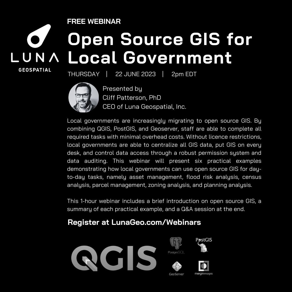 Open Source GIS for Local Government: 6 practical examples, a free webinar presented by Cliff Patterson @cliffpat, is on Thursday, June 22 at 2pm EDT. Register now for the webinar as space is limited. lunageo.com/webinar/open-s…