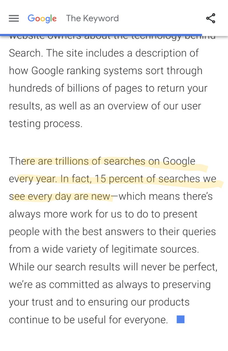 Dato que desconocía totalmente

15% de las búsquedas que se hacen a diario en Google son búsquedas nuevas....

Ni me imagino con la IA lo que será