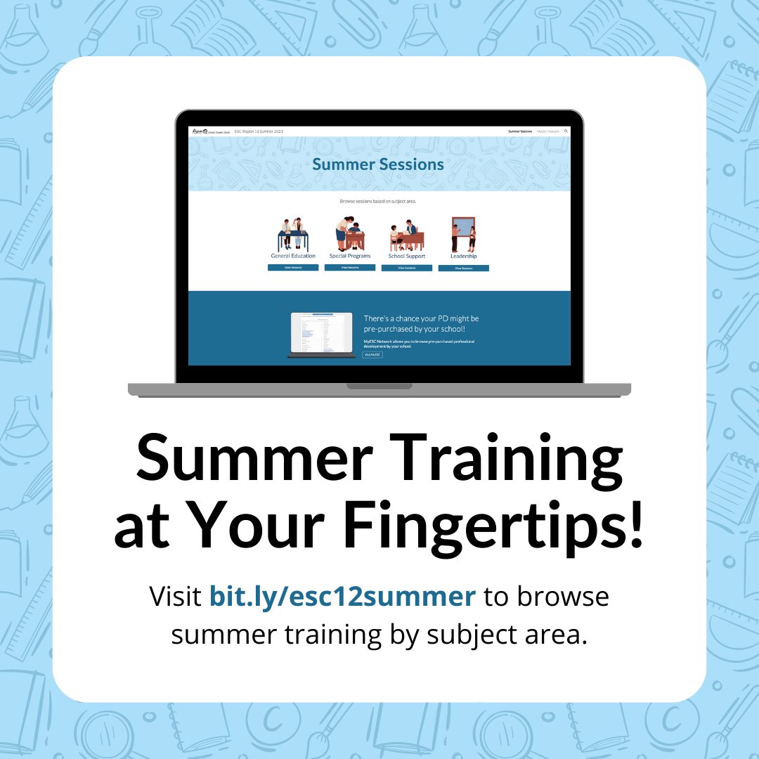 Take a moment to explore our Summer Training Website today at bit.ly/esc12summer. Thank you for your commitment to continuous learning and growth and the incredible work you've put in this school year! #r12digin #learning @Region12