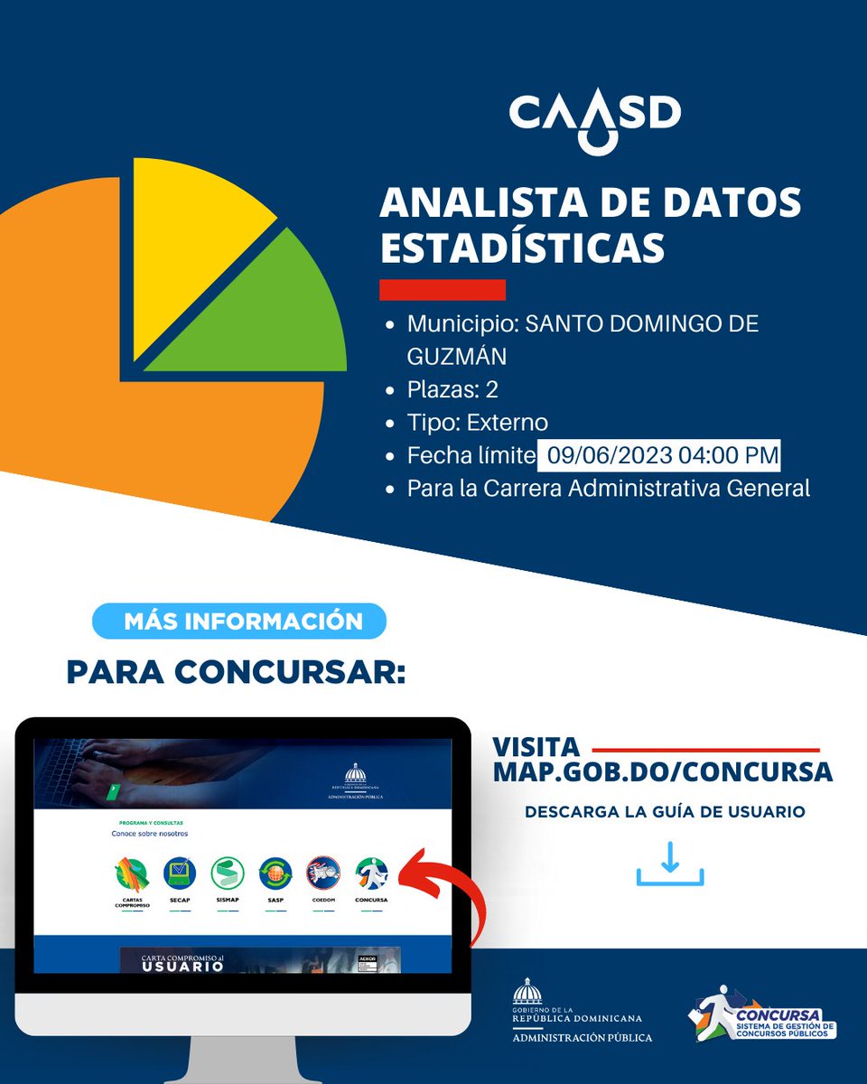 AVISO DE CONCURSOS <a href="/OGTICRDO/">OGTIC</a>  y <a href="/caasdrd/">CAASDRD</a> 

Para APLICAR a las vacantes, debes hacerlo de manera virtual. VISITA NUESTRO PORTAL CONCURSA en map.gob.do y descarga la guía del usuario para más información.

📢 ¡Etiqueta!

#ConcursaRD #vacantesrd