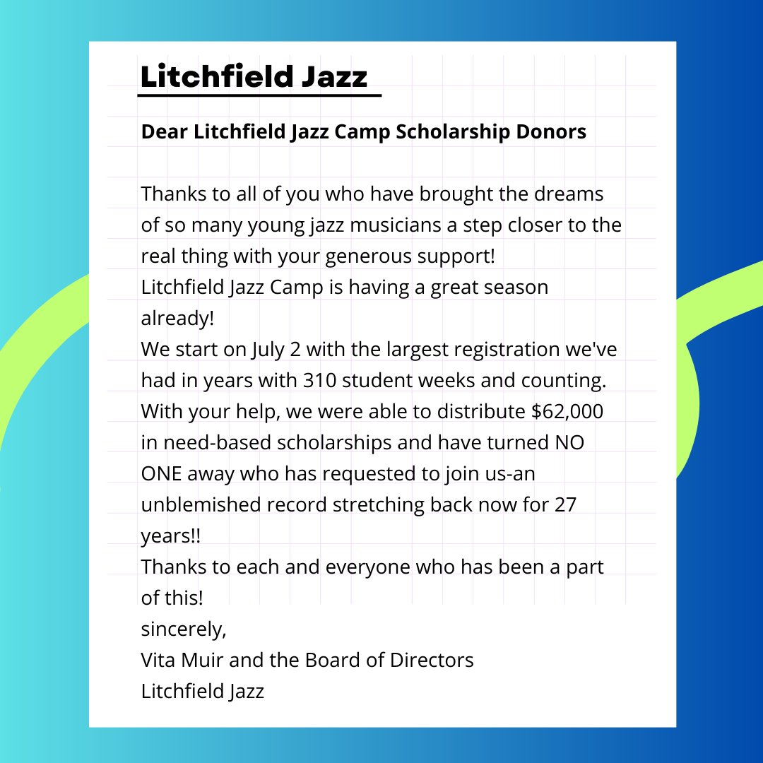 litchfieldjazz's tweet photo. Thank you to all of our donors and supporters. You all make what we do here at Litchfield Jazz possible! 🎵
#Donors #Jazz #Scholarships https://t.co/A615MylTi9