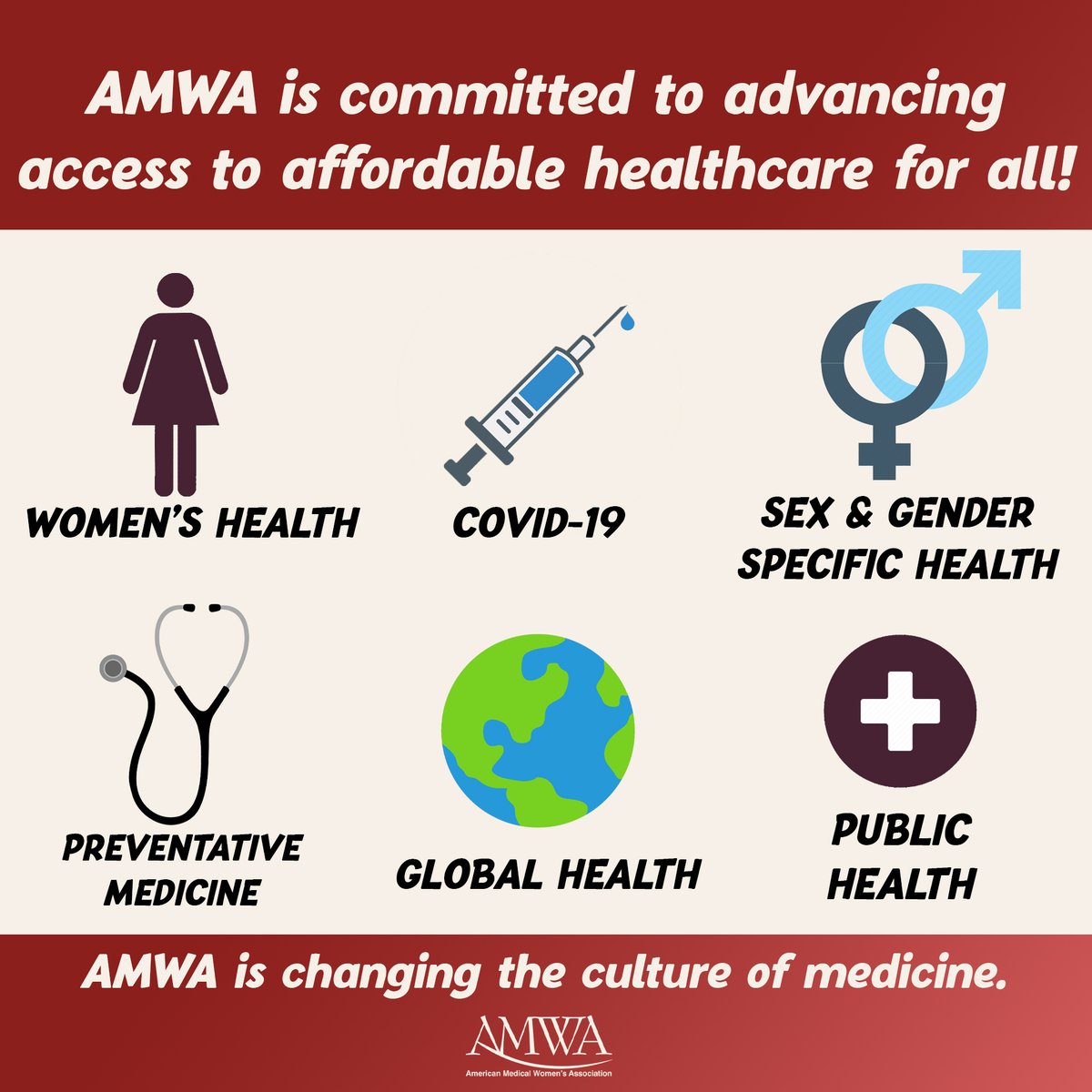 From women’s health to sex and gender-specific medicine, AMWA is changing the culture of medicine. Learn more at: bit.ly/AMWAHEALTHCARE

#doctors #mentalhealthresources #womenshealth #covid19 #womenphysicians #preventativemedicine #lifestylemedicine #publichealth #globalhealth