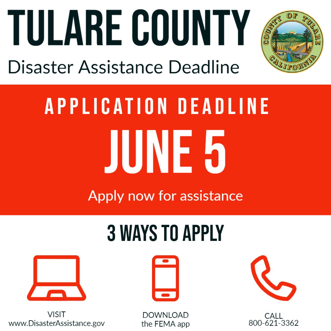 DEADLINE JUNE 5
Residents & business owners affected by the Feb/Mar storms can apply for federal assistance to repair & rebuild in Tulare County. Application deadline is TODAY!

For more info: tularecounty.ca.gov/recovers/
#TulareCounty #2023TulareFlood  @fema @TulareCo_HHSA @Cal_OES