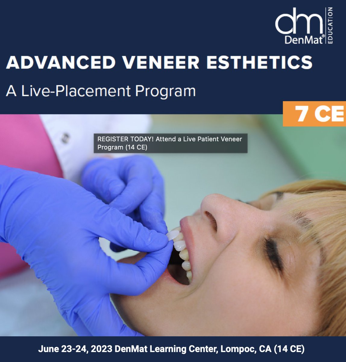 Now YOU can experience state-of-the-art live veneer placement in an intimate clinical setting.

This two-day program features intense live patient treatments and individualized hands-on exercises.

bit.ly/3oGGnmb

#denmat #dentistry #dentists #dentaleducation  #veneers