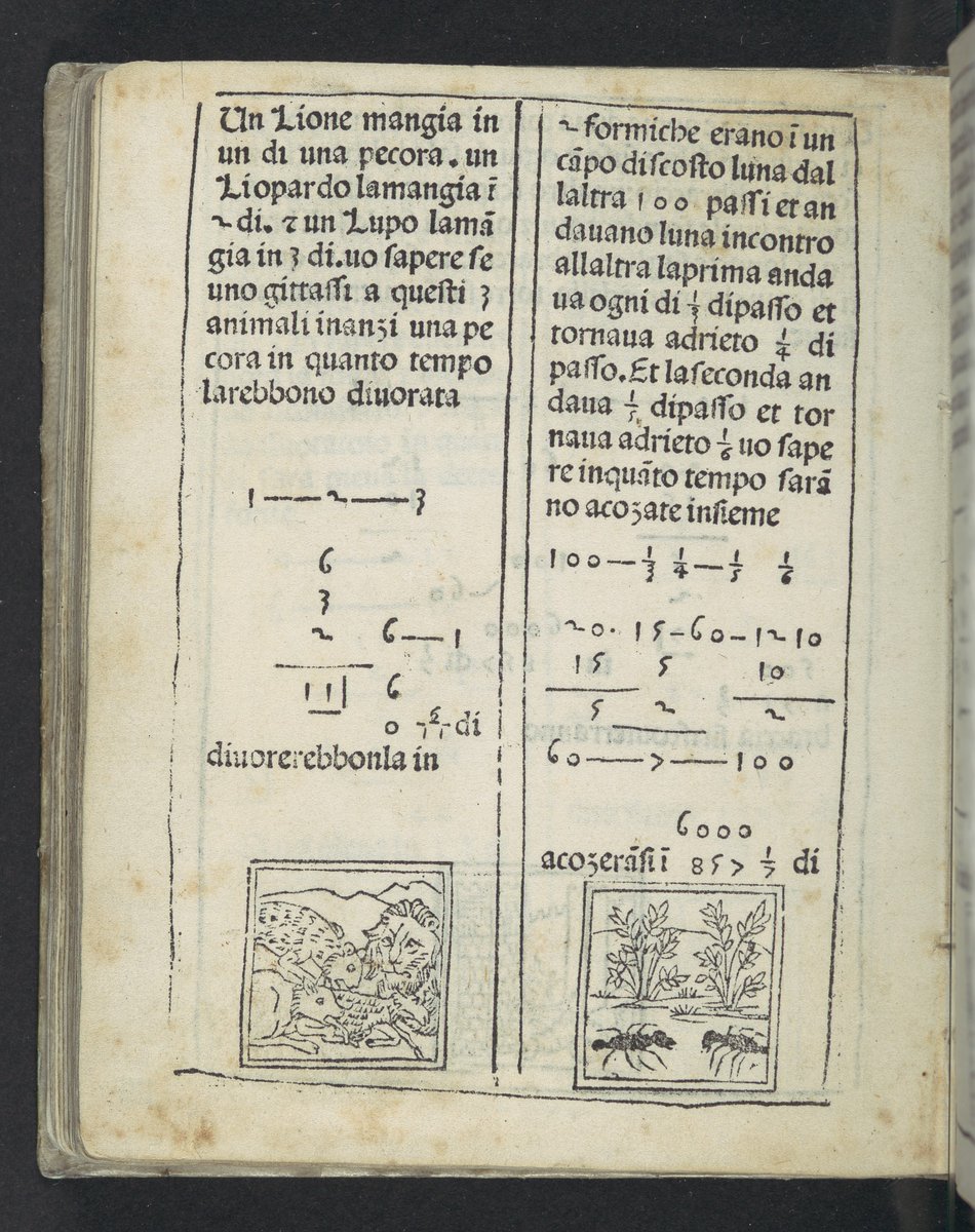 JustHistoryPost's tweet image. Pages from a 1491 copy of De Arithmetica by Filippo Calandri, published in Florence. One of the first inexpensive textbooks produced using the printing press, it uses woodcut images to help explain the content within @metmuseum #medieval #school
