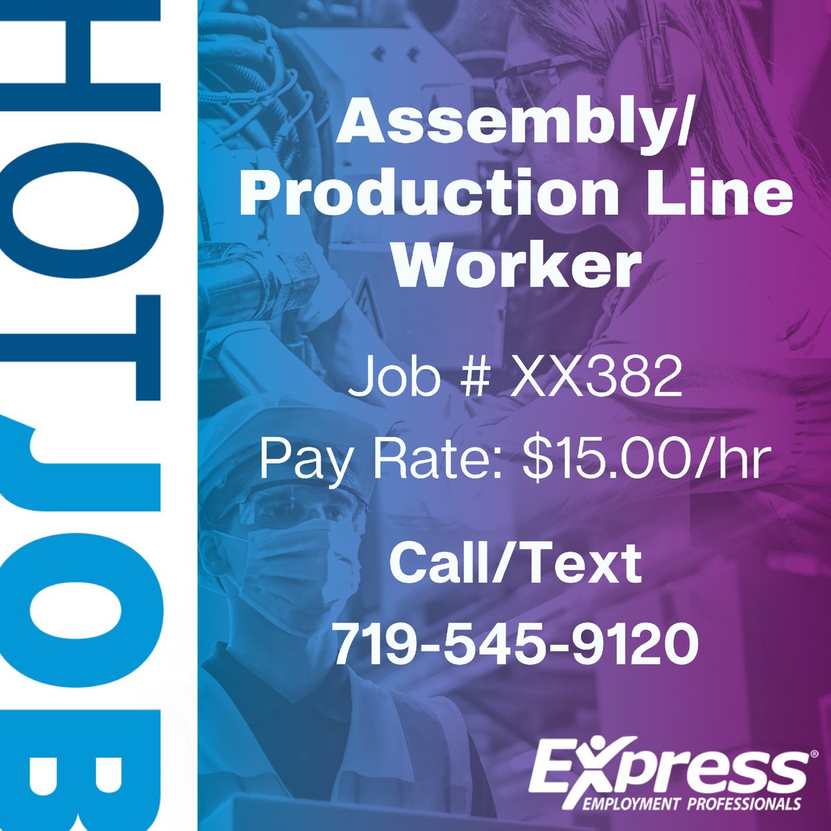 JOB ALERT - Production Line Worker - starting at $15.00/hr.
Please call/text 719-545-9120
**Pueblo Industrial Park!
tinyurl.com/2p8rkkmp

#ExpressPros #PuebloJobs #NowHiring #PuebloCo