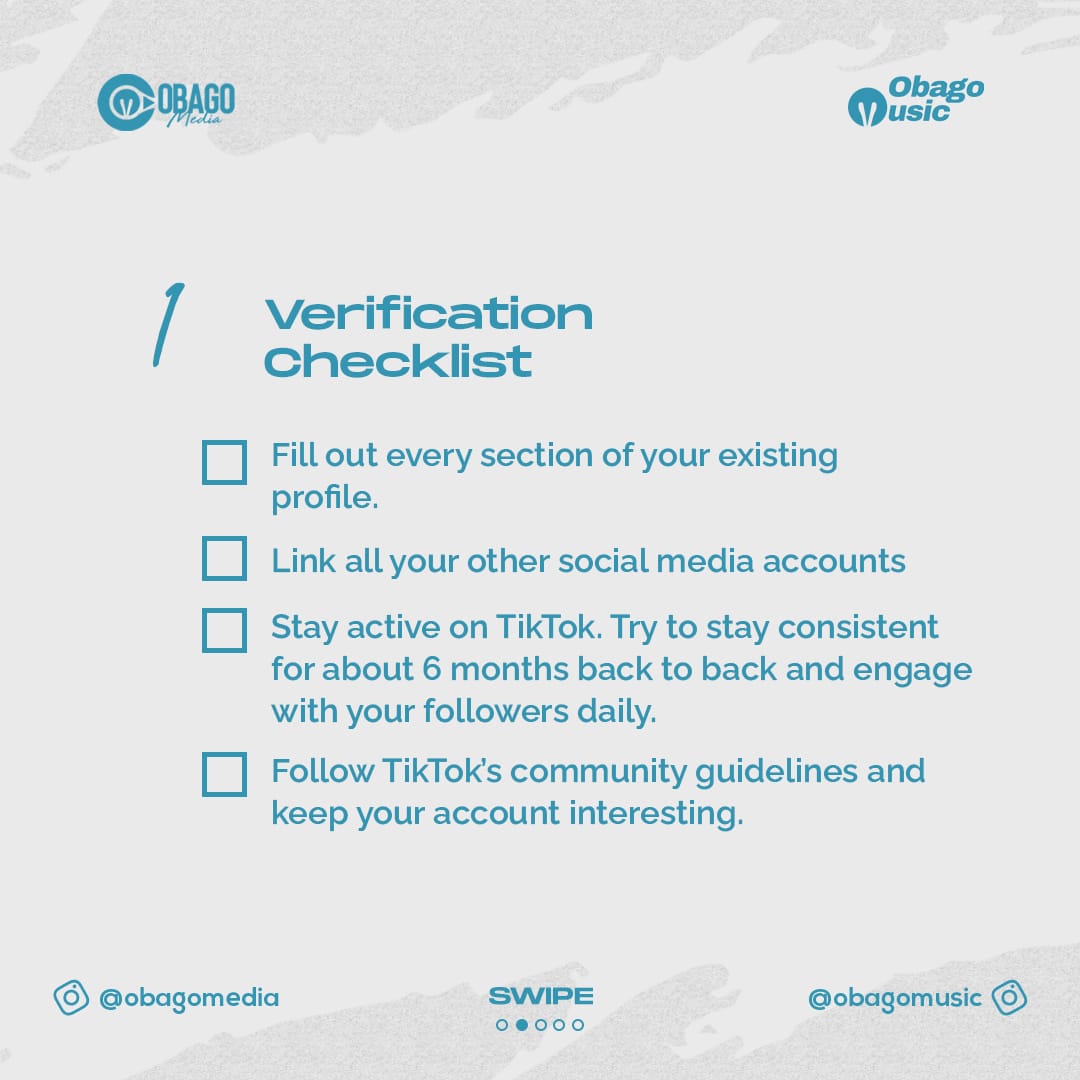 ObagoMedia's tweet photo. Tips on how to get verified on Tiktok.. SLIDE➡️➡️➡️

#OBAGOMusic #OBAGOMedia #OBAGOFam https://t.co/yRhBZT5b9H