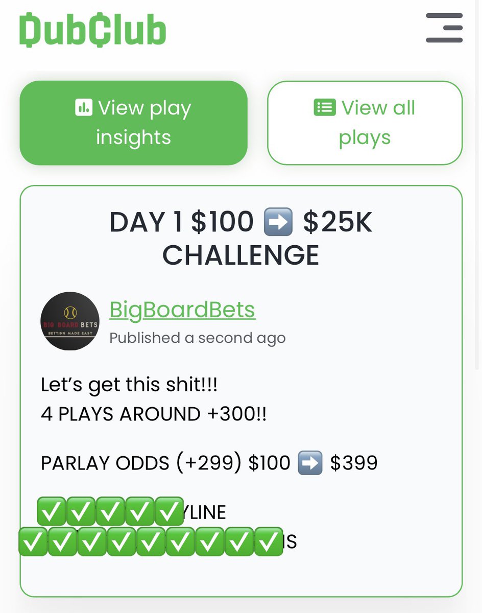SGP_Vick's tweet photo. DAY 1 $100 ➡️ $25K CHALLENGE

⭐️⭐️ 100 Retweets + Likes to unlock

GOING TO TRY THIS ONE TODAY &amp; IF WE ARE NOT SUCCESSFUL, THEN TOMORROW WE WILL DO THE

$100 ➡️ $10,000 LADDER 🪜 CHALLENGE AGAIN 👍

#GamblingTwitter #wewon #bigmoney #25k #followers #bigboardbets #free #props #mlb https://t.co/iEblR8UUNu