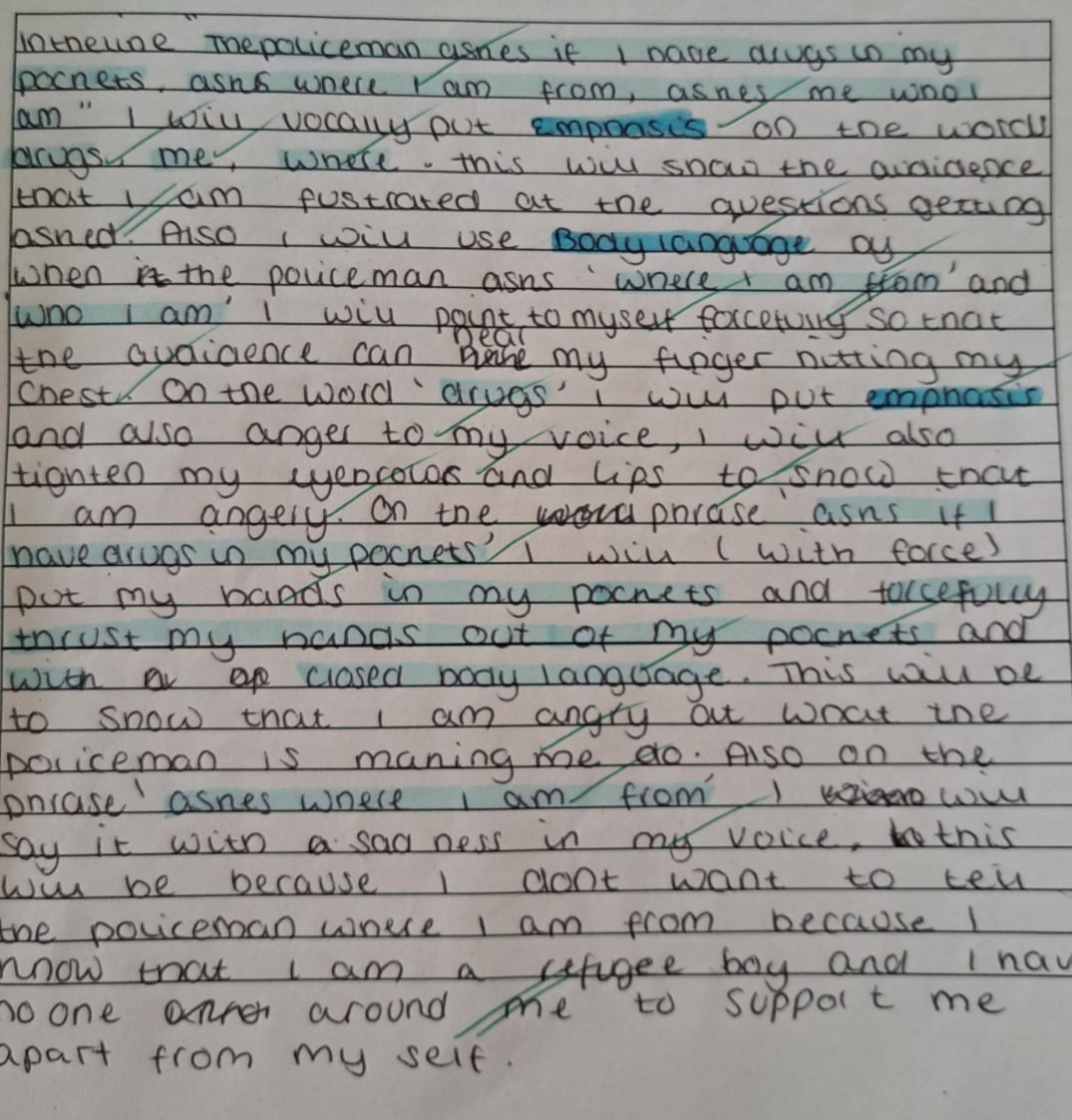 Year 8 students have completed some superb writing as they attempt GCSE exam questions on how they would vocally and physically perform dialogue from the play 'Refugee Boy'. Is this your work? Because WOW! #teamholyrood