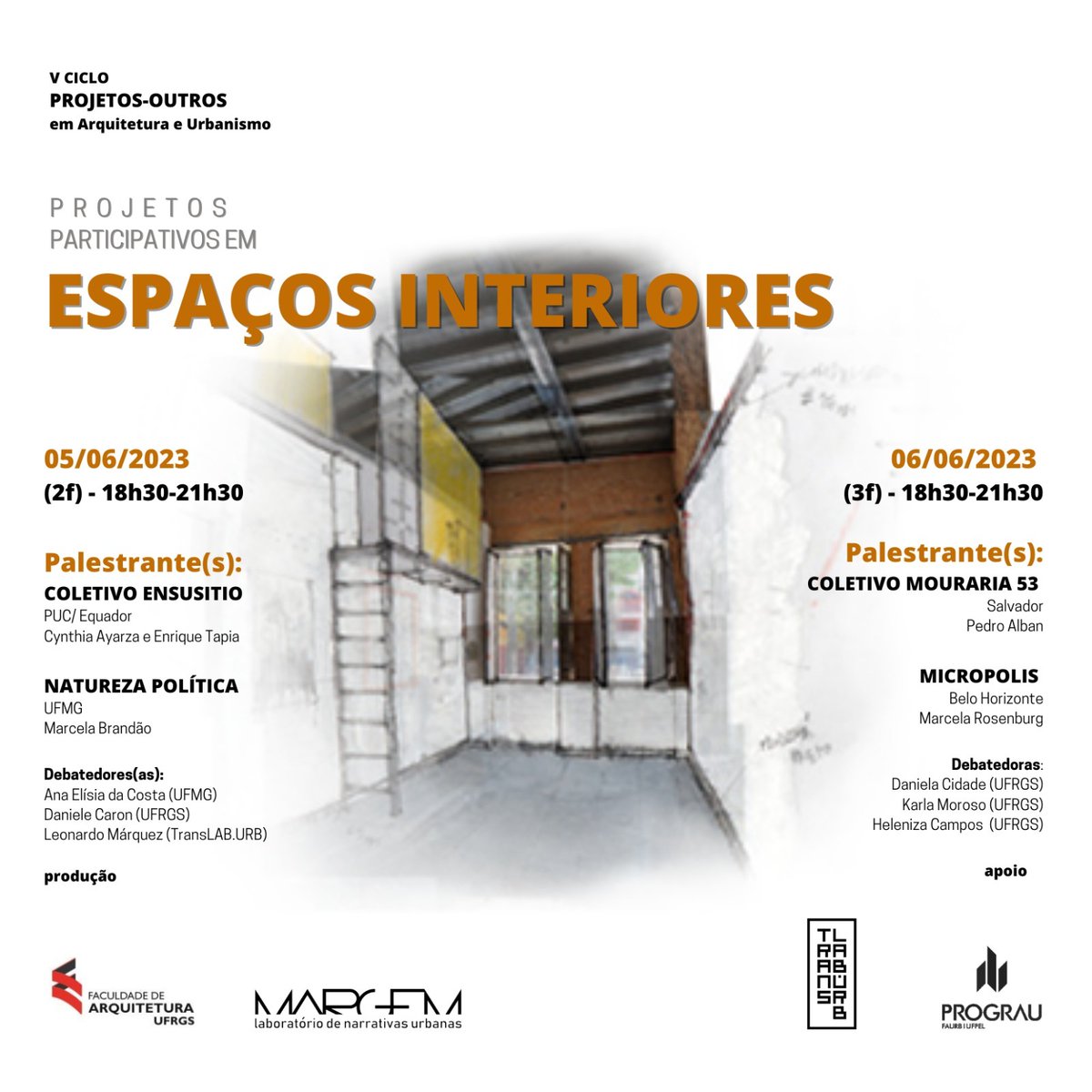Hoje vamos participar do V CICLO PROJETOS-OUTROS EM #ARQUITETURA E  #URBANISMO, à convite da cadeira de Projeto2 da Faculdade de Arquitetura  e Urbanismo da #UFRGS, sempre avançando nas aproximações entre  comunidades, ativistas, a Academia e governos locais.
