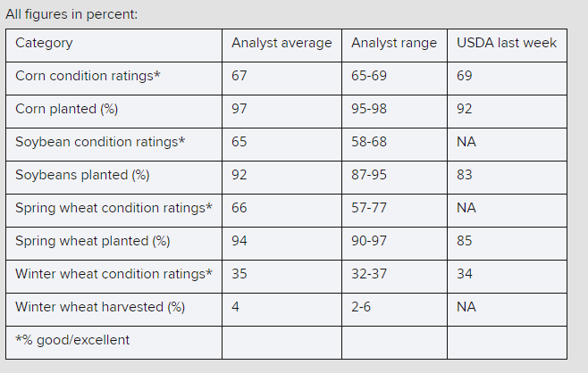 kannbwx's tweet photo. 🇺🇸Analysts see U.S. #corn conditions falling to 67% good/excellent from 69% last week. #Soybeans are seen at 65% g/e, below the five-year average of 67% for the first soybean ratings of the year. https://t.co/XJVVQvvSh1