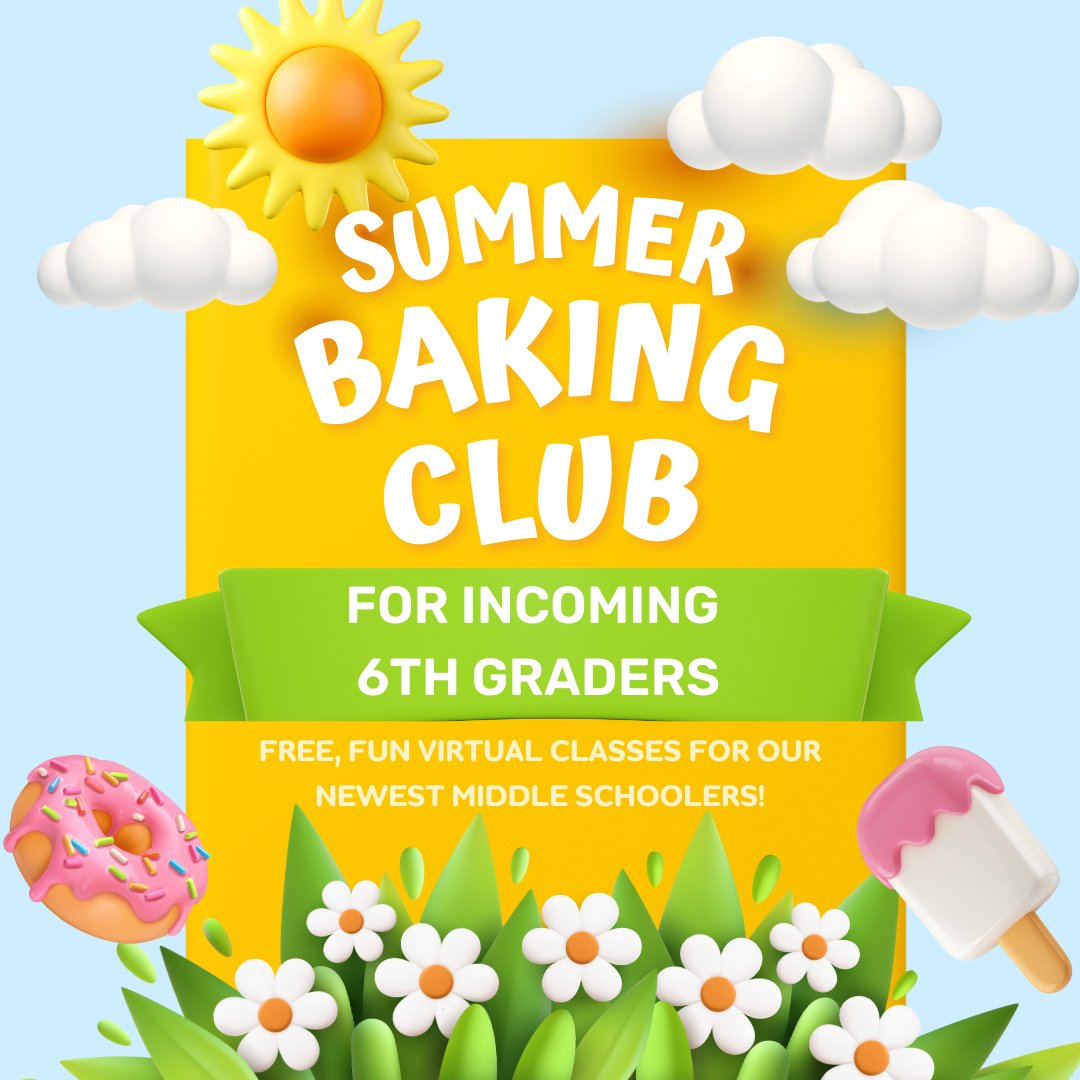 MillenniumMS's tweet image. All incoming 6th graders are invited to join the Summer Baking Club! The club will meet virtually to make delicious treats AND help our newest middle schoolers get to know each other! Follow the link to register your current SLCS 5th grader for the club: docs.google.com/forms/d/e/1FAI…