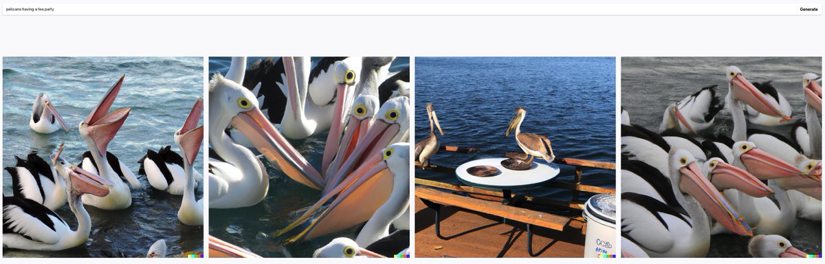_martinedwards's tweet photo. @simonw DALL-E 2's version of "pelicans having a tea party" is a rather more uncivilised bunch... And not much tea https://t.co/U3rh1zVHlS