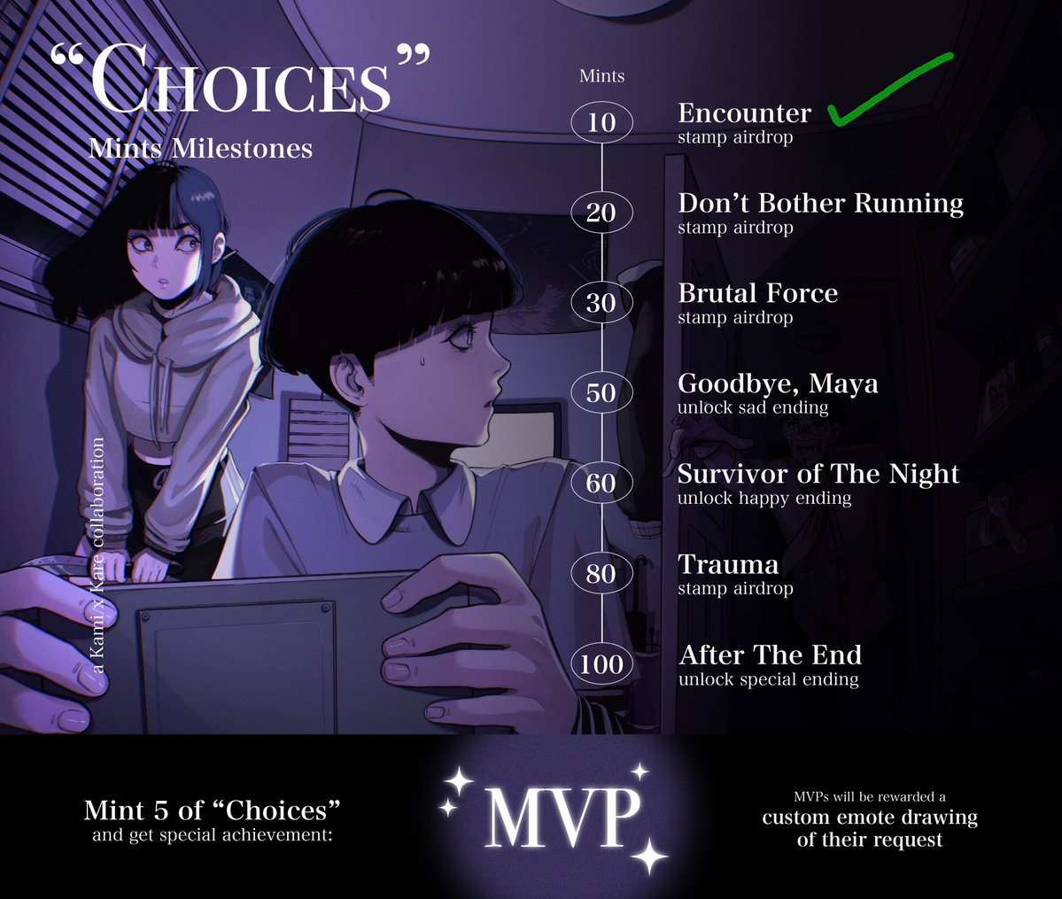 "Choices"
  
18 MINTED! 🔥
With 5 mints you will unlock the MVP achievement + content, go check out!

Price: 0.01 ETH  
Only 1 day left!✨