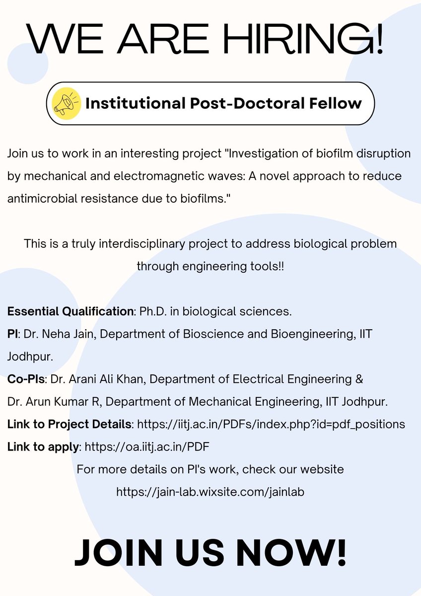 Please retweet! We are hiring an institutional postdoctoral fellow who will jointly work with three PIs! Join our young & energetic labs to work at the interface of biology & engineering!! Check @iitjodhpur website
@biopatrika @VoicesofIndAcad