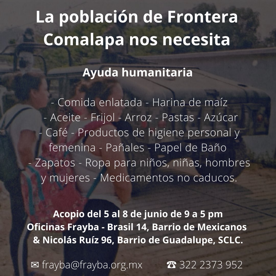 Tu solidaridad puede hacer la diferencia entre las personas que viven la violencia y escazes en el municipio de Frontera Comalapa. Súmate al acopio.

Para depósitos bancarios comunícate al correo frayba@frayba.org.mx