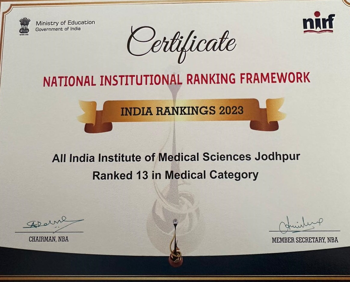 Executive Director Prof Madhabananda Kar congratulates faculty members, admin staff and students for achieving rank 13 in #NIRFRankings2023 &amp; joins AIIMS Jodhpur family in extending gratitude to hon'ble PM, HM <a href="/mansukhmandviya/">Dr Mansukh Mandaviya</a>, <a href="/MoHFW_INDIA/">Ministry of Health</a>, founding Director &amp; people we serve.