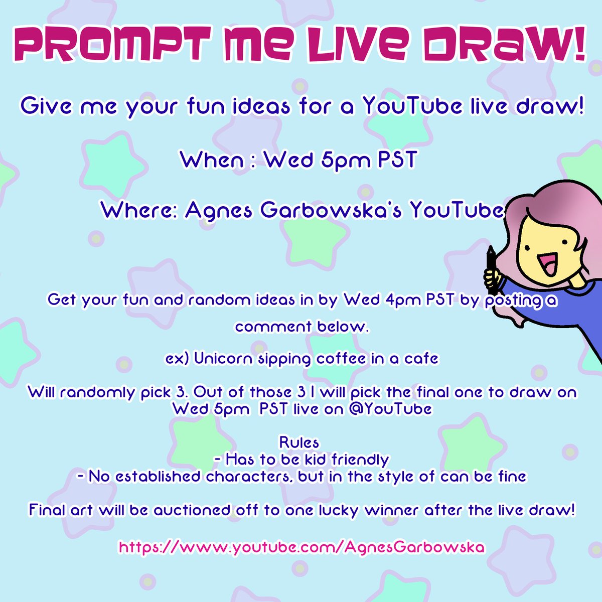 It's backkkk!! Prompt Me Live Draw this wed at 5pm PST!

Give me your ideas! What should I draw? Let's go!

For those who want to learn about creative process make sure to tune in. I talk about layout, process, and answer any questions you may have!

#livedraw #prompt #digitalart