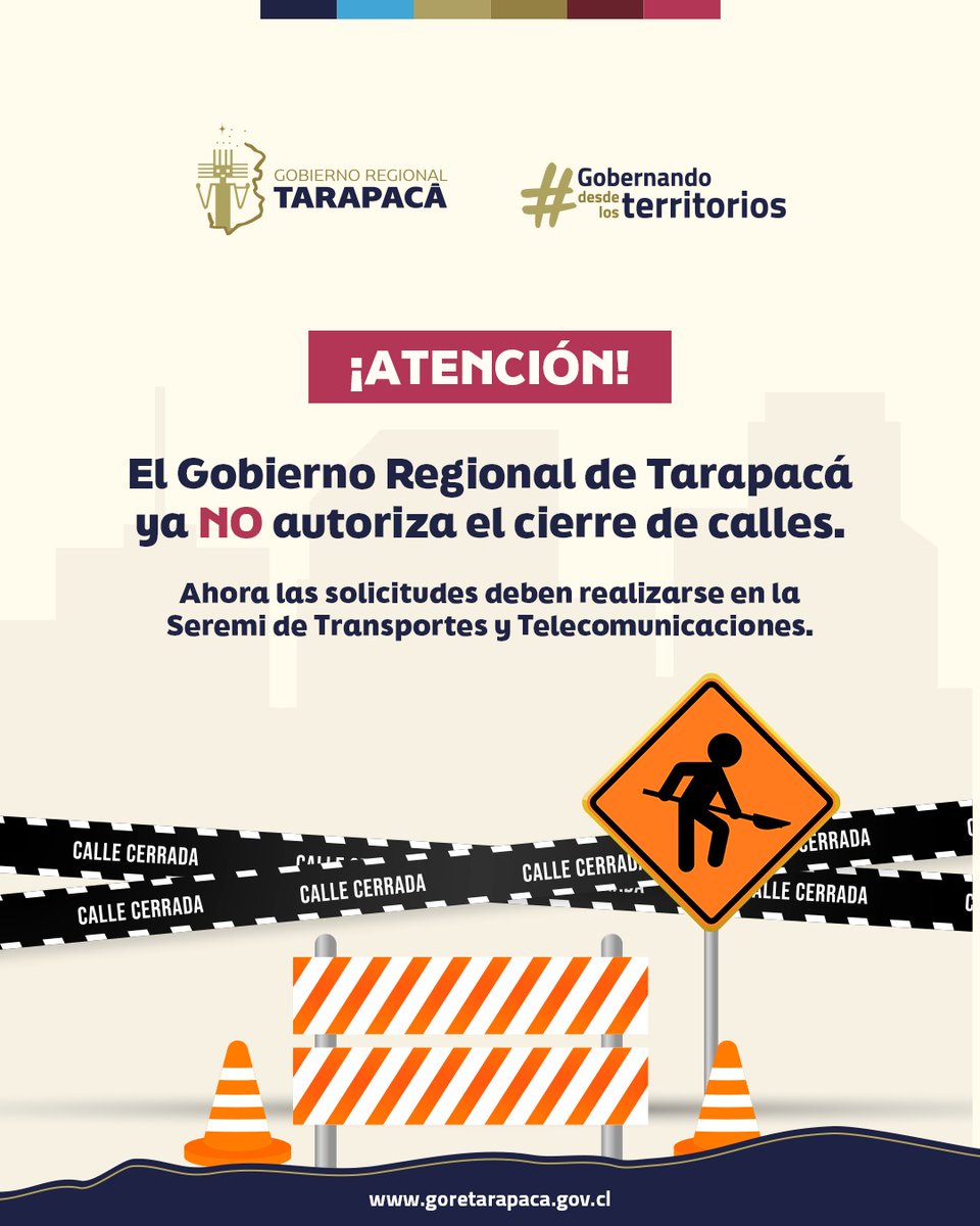 #Información ⚠️ La solicitud de cierre de calles o prohibición de circulación por causas justificadas 𝘆𝗮 𝗻𝗼 𝗳𝗼𝗿𝗺𝗮𝗻 𝗽𝗮𝗿𝘁𝗲 𝗱𝗲 𝗹𝗮𝘀 𝗰𝗼𝗺𝗽𝗲𝘁𝗲𝗻𝗰𝗶𝗮𝘀 𝗱𝗲 𝗹𝗼𝘀 𝗚𝗼𝗿𝗲𝘀. Ahora se debe solicitar en el @MTTTarapaca ubicada en Manuel Bulnes 242, #Iquique.