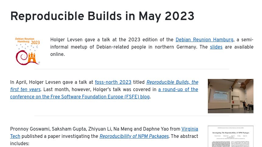 Check out what's been going on during May 2023 in the world of @ReproBuilds, featuring @debian, @lolamby, @nixos_org, @fossnorth, @fsfe, @fdroidorg & many more... reproducible-builds.org/reports/2023-0… 🔷🔷🔷