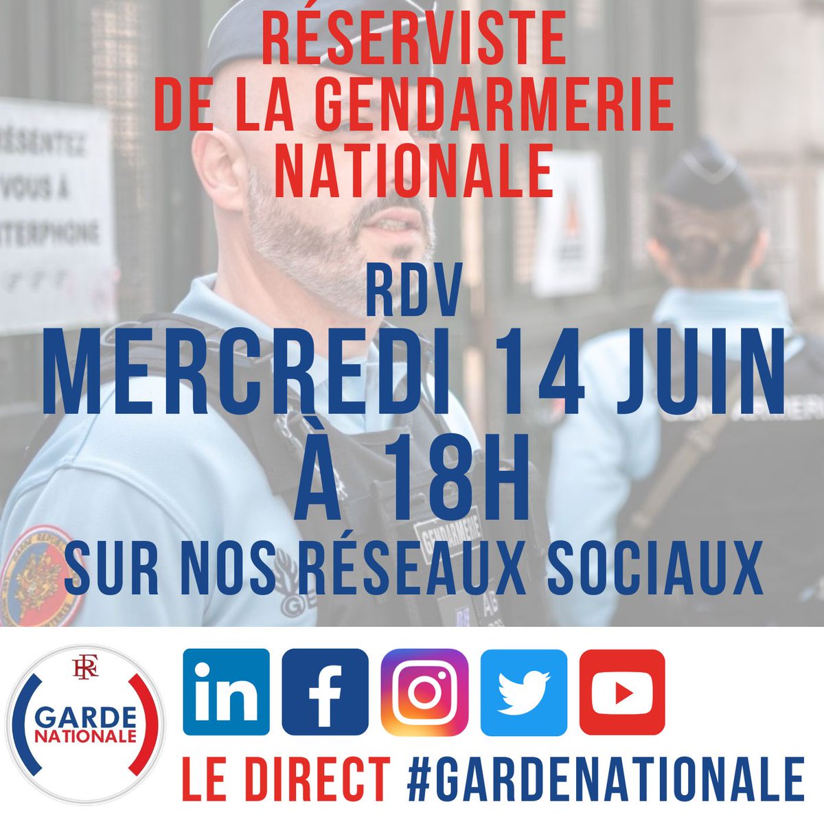 GardeNatFR's tweet photo. 🗓 RDV le mercredi 14 juin à 18h pour 𝐋𝐄 𝐃𝐈𝐑𝐄𝐂𝐓 #GardeNationale 

Comment devenir #𝐑𝐄́𝐒𝐄𝐑𝐕𝐈𝐒𝐓𝐄 de la @Gendarmerie ❓

🎙️ Posez vos questions en direct au général Didier Fortin accompagné de #réservistes opérationnels de la #gendarmerie @reserves_gend https://t.co/3NEVisz90S