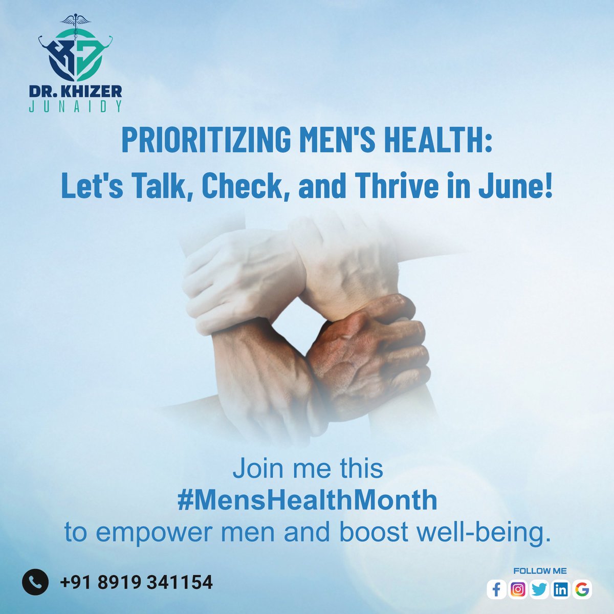 DrOslerJunaidy's tweet photo. Reminder: June is for Prioritizing Men's Health - Let's Keep the Conversation Going! 🗓️💙 [Long Tweet ⬇️]

As a male doctor deeply committed to men's health, I want to remind you to stay engaged and proactive in taking care of your well-being this June. 🩺💪

Join me in continuing the conversation about men's health, encouraging open discussions, regular check-ups, and embracing healthy choices that contribute to your vitality and longevity.

Together, we can overcome obstacles, promote early detection, and equip you with the tools you need for optimal health.

Share your stories, show support, and let's make men's health a priority throughout June and beyond! 🤝✨

Ready to prioritize your health? Call now to book an appointment with me at +918919341154. Let's work together to ensure your well-being is at its best. Your health matters, and I'm here to help you on your journey to a healthier life. 💙👨‍⚕️

#HealthyMen #WellnessMatters #MensHealth #MensHealthAwareness #MenWellness #HealthCheckup #June #MensHealthMonth #DrKhizer #DrKhizerJunaidy #CaspianHealthcare #Hyderabad #Telangana #India