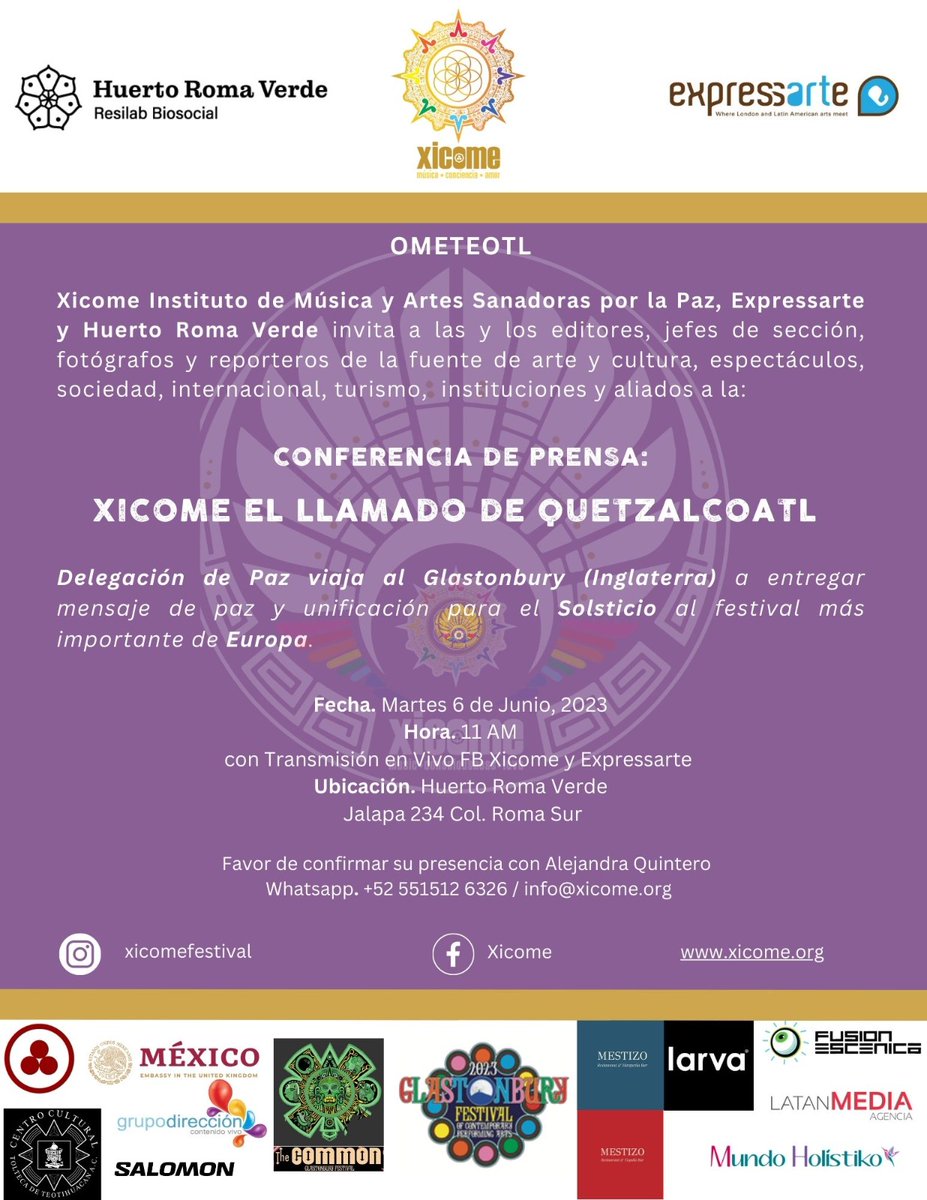 Los esperamos mañana martes 6 de junio a las 11am en el <a href="/HuertoRomaVerde/">RomaVerde</a> (o virtualmente) para la conferencia de prensa de Xicome, quien estará participando en el Festival de Glastonbury compartiendo el Llamado de Quetzalcóatl y su mensaje de paz y unificación.

!Ometeotl!