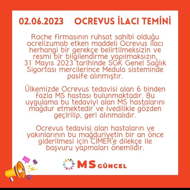 MS hastaları için ocrevus ilacını devletimizin önceden olduğu gibi karşılamasını istiyoruz.
@saglikbakanligi @drfahrettinkoca  @haluklevent @ahbap