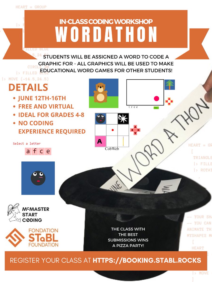 MacCSOutreach's tweet photo. Teachers, sign your class up for WORDATHON 2023 - a FREE virtual class visit by McMaster Coding Mentors and a chance to WIN a PIZZA PARTY! Running June 12th–16th. Book on-line for instant confirmation of your time slot: https://t.co/KhyfJZ5Q06 📚🍕 https://t.co/gyea0n41Vw