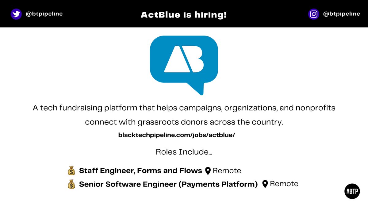 BTPipeline's tweet photo. Black Tech Pipeline X ActBlue 💪🏾

@ActBlue is now hiring! Check out their open roles. 

Click here to learn more and apply 🔗: https://t.co/CEcSUha987 https://t.co/VlB9fk5fp6