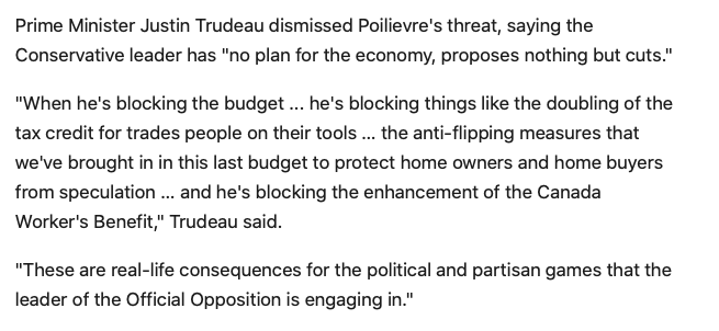 HarrysNotes's tweet photo. "[Poilievre] is blocking... the doubling of the tax credit for trades people on their tools, the anti-flipping measures that we've brought in in this last budget to protect home owners &amp; home buyers from speculation, and he's blocking the enhancement of the 🇨🇦 Worker's Benefit." https://t.co/XNC6p9cr0G