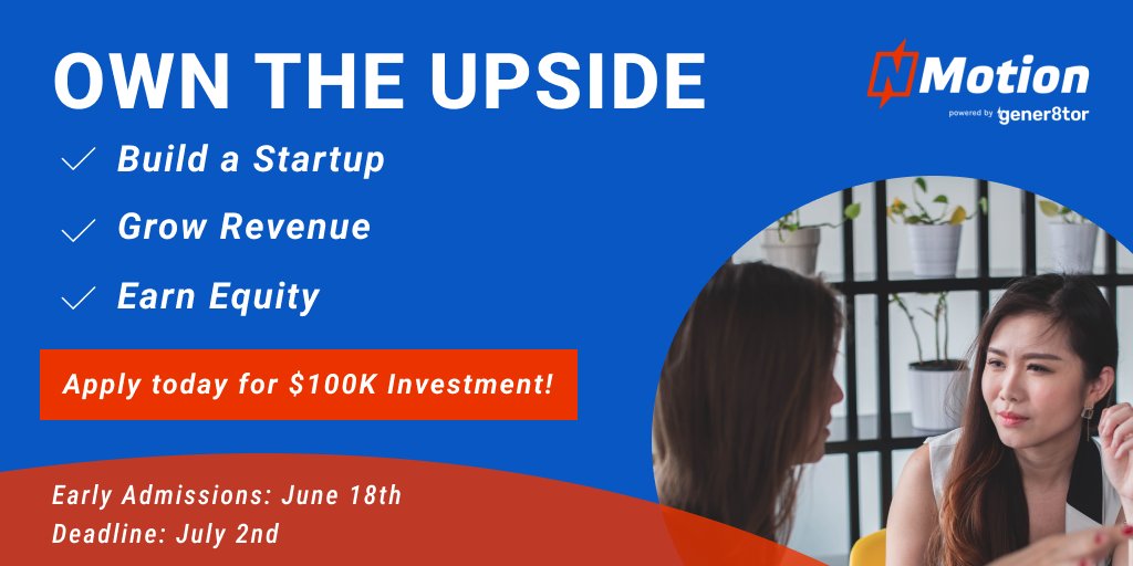 Are you a problem solver with unique skills and a desire to build a company full-time? NMotion Venture Studio wants you! Get $100K in investment capital and an 80% equity stake. Early admission starts June 18, don't miss out: nmotion.co/venture-studio
