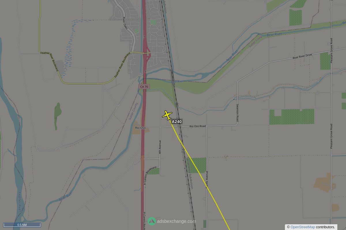 ffoverhead's tweet image. CalFire aircraft #N421DF callsign #A240 (V10) was seen near Rio Oso, CA at approximately 17:55 UTC squawking 4244 globe.adsbexchange.com/?icao=a4ffa7&amp;amp;z… #CalFire