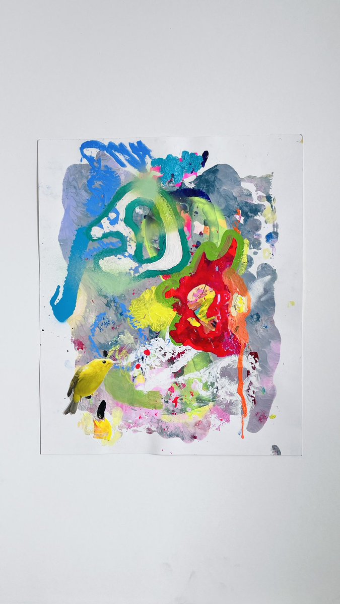 Zulimba's tweet image. “Language at the stage of processes is perfomative”. Acrylic and print on paper  17x14 in. #wilsonwarblers #workonpaper #studioview #maytheneotropicalarise #springmigration2023