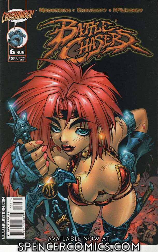 In honor of the upcoming new issue of BATTLE CHASERS by @JoeMadx, here's the variant cover I did back in 1998 for issue #6, for which I also wrote and drew a back-up story. (Alas, those edgelit carcasses in the background were left out of the cover illo's final colors.)