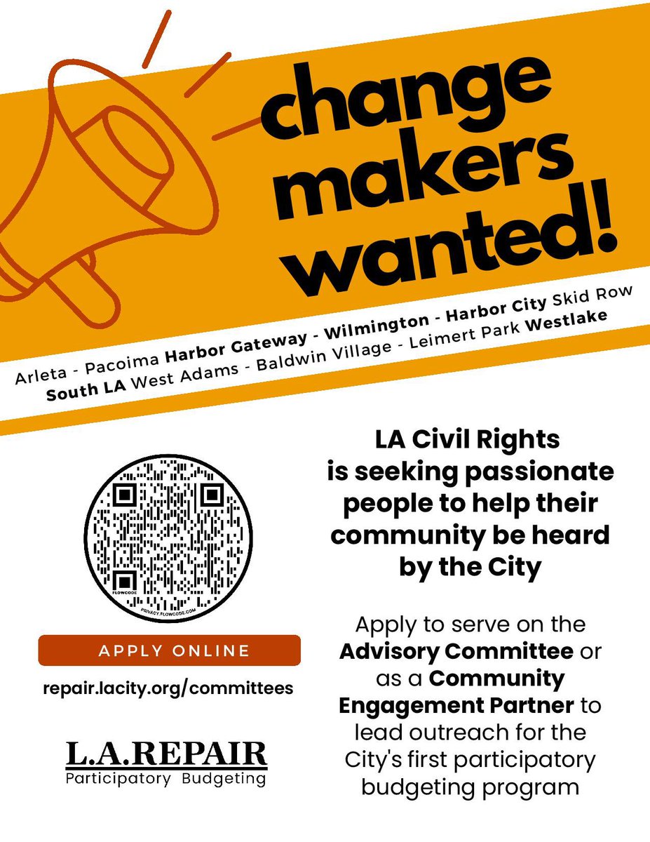 Join changemakers across <a href="/LACity/">City of Los Angeles</a> in shaping LA's FIRST #ParticipatoryBudgeting project - and shape how city $$ is spent in your community!

Apply now at repair.lacity.org/committees
