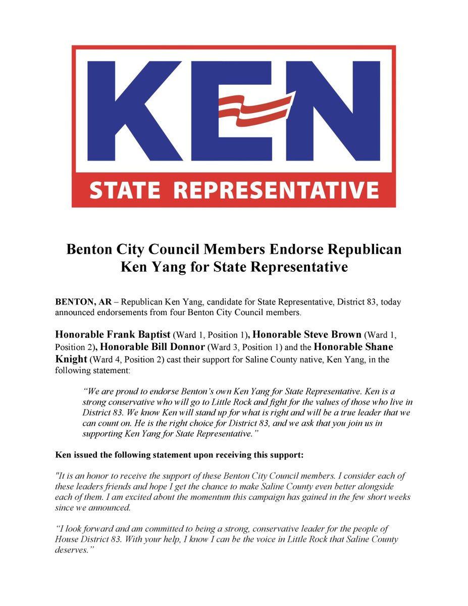 kenyangAR's tweet image. Thank you to Benton City Councilmen Steve Brown, Frank Baptist, Bill Donnor, and @dshaneknight for y'all's endorsement. I am excited about the momentum this campaign has gained in the few short weeks since we announced. #arpx #arleg #ARnews