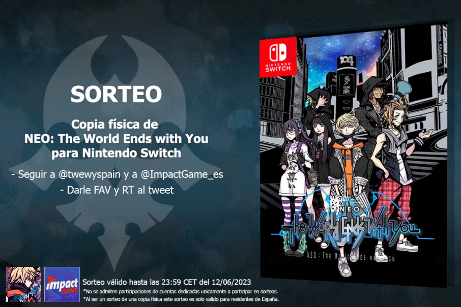 twewyspain's tweet photo. 🎁NUEVO SORTEO🎁 
¡Sorteamos una copia física de NEO: The World Ends with You para Nintendo Switch junto a Impact Game!

Para participar:
🔄 RT + FAV este tweet
✅ Sigue a @twewyspain y @ImpactGame_es

Termina el 12 de junio. ¡Mucha suerte! https://t.co/lAc0LnuGlN