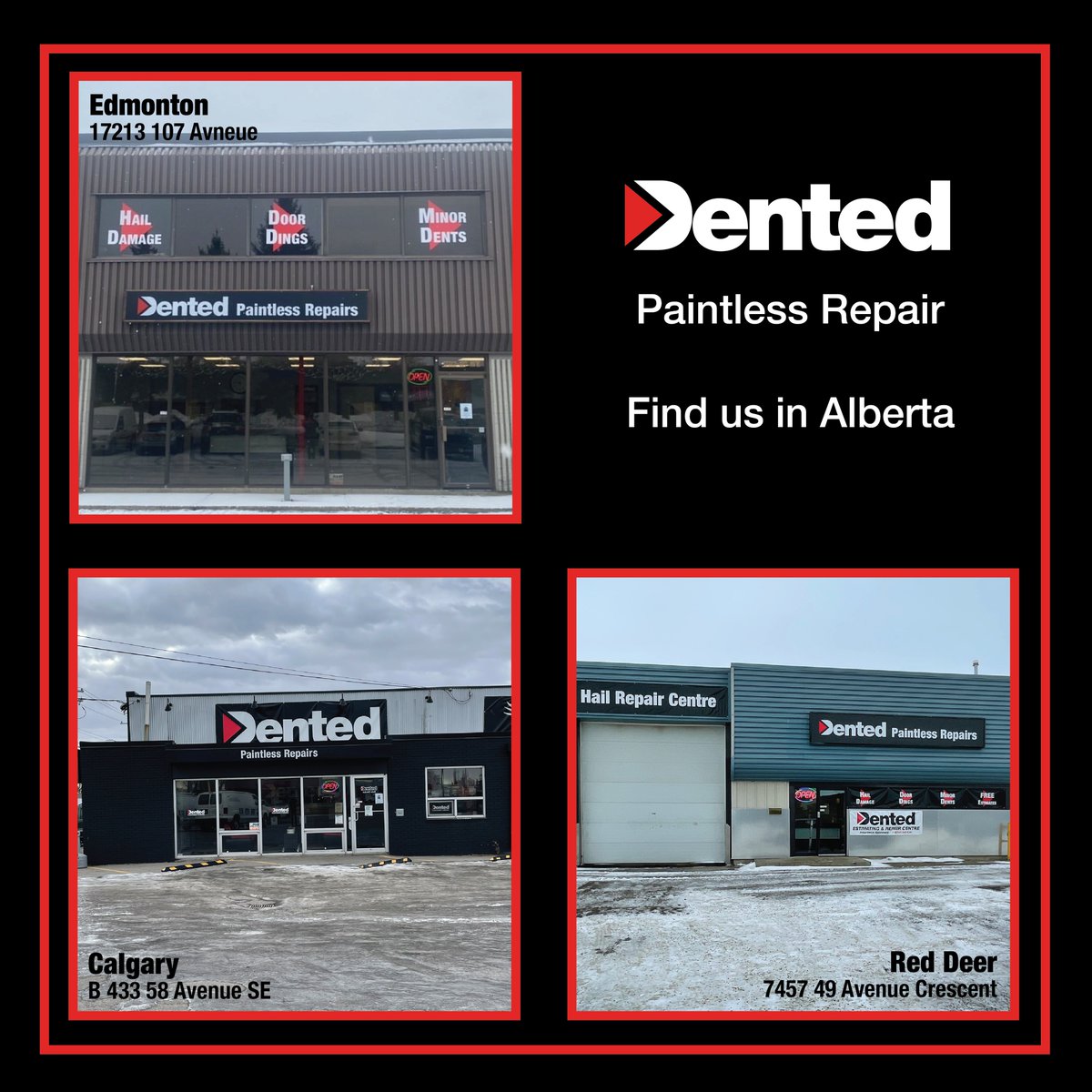 Looking for us in #Alberta? You can find us in Calgary, Red Deer and Edmonton twelve months a year. In 2022 we started visiting the #GrandePrairie market working in various local #BodyShops and #Dealerships monthly.

Visit us at dented.ca for location details. #PDR