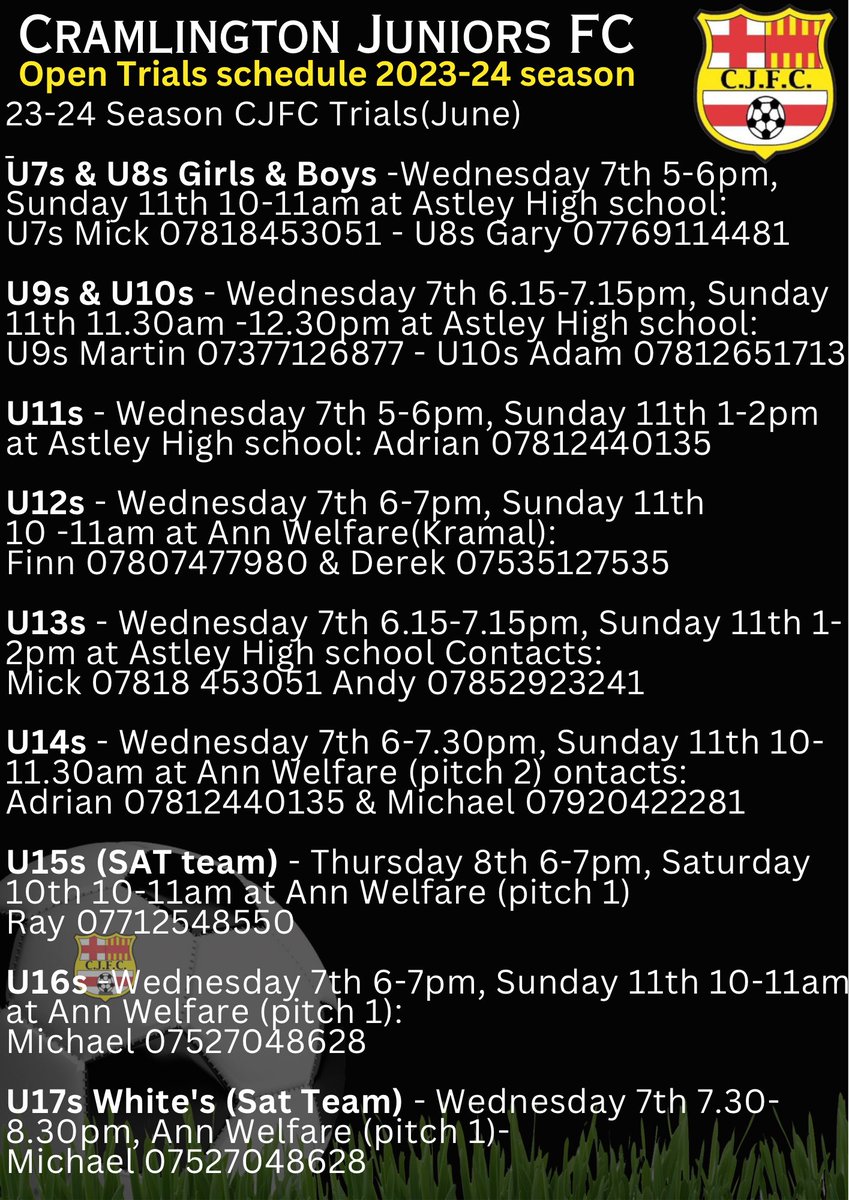 Our remaining open session dates and times. Please note the error on U15s has been rectified.