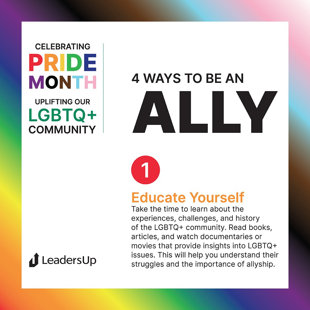 Leaders_Up's tweet photo. #BeAnAlly
Being an ally to the LGBTQ+ community means supporting and advocating for the rights, dignity, and well-being of lesbian, gay, bisexual, transgender, and queer individuals. Check out our tips on how to be an ally!

🏳️‍🌈 #PrideMonth #LGBTQ https://t.co/lAeMGl71EO