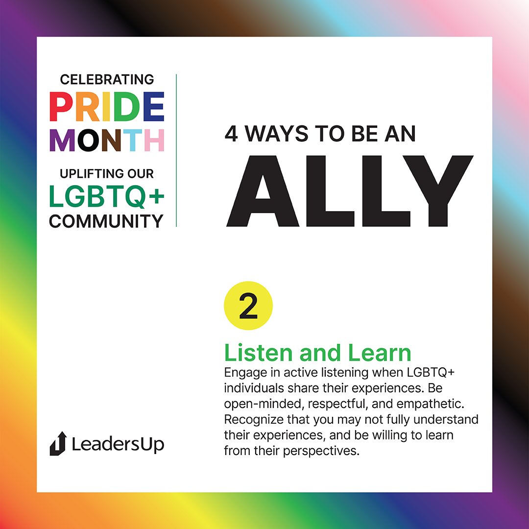 Leaders_Up's tweet photo. #BeAnAlly
Being an ally to the LGBTQ+ community means supporting and advocating for the rights, dignity, and well-being of lesbian, gay, bisexual, transgender, and queer individuals. Check out our tips on how to be an ally!

🏳️‍🌈 #PrideMonth #LGBTQ https://t.co/lAeMGl71EO