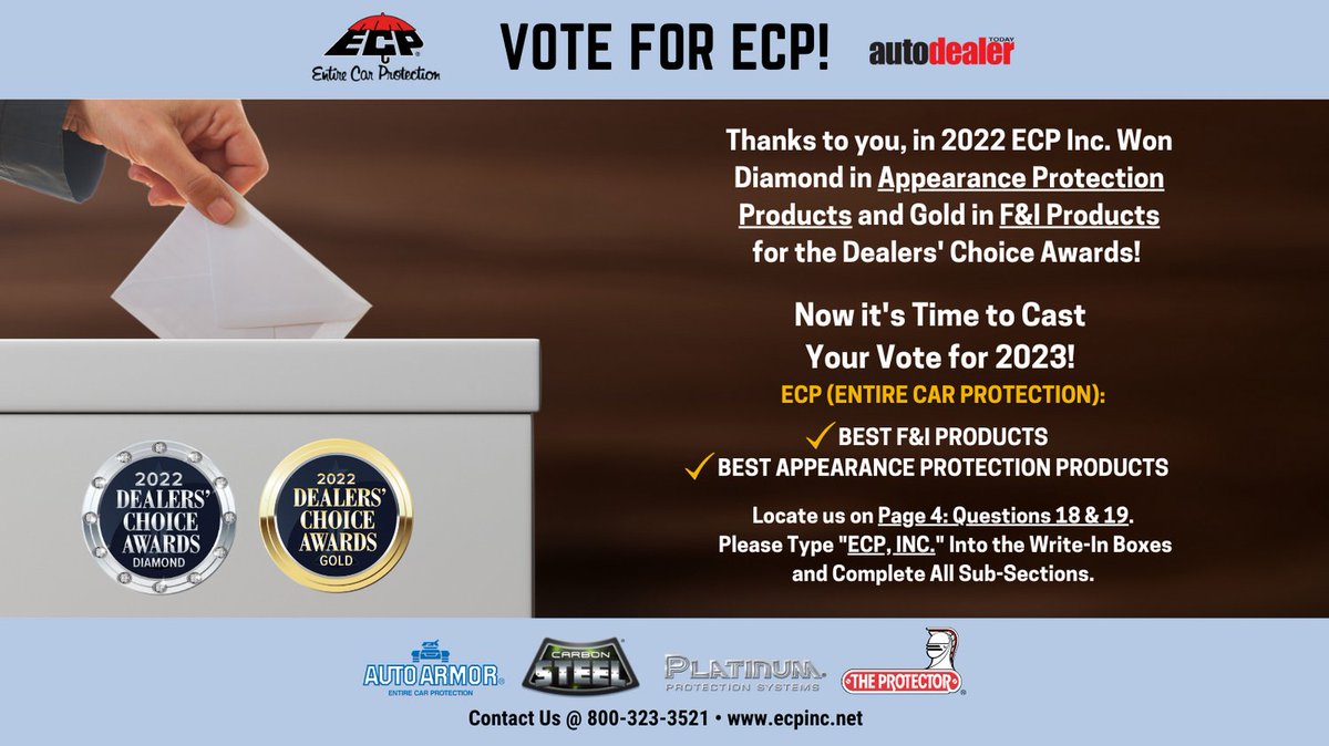 bit.ly/43o8h5s

#DealersChoiceAwards #AutoDealerToday #Dealerships #Automotive #AutomotiveIndustry #CarCare #AutoDealer #AutoDealership #FinanceandInsurance #Aftermarket #AppearanceProtection #ProtectiveCoatings #ECP #AutoArmor #TheProtector #PlatinumProtectionSystems