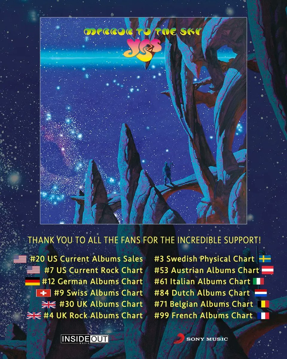 Thank you to all YESfans for putting YES back in the charts in Mirror To The Sky's release week! If you haven't had a chance, you can listen to Mirror To The Sky now at: yes-band.lnk.to/MirrorToTheSky