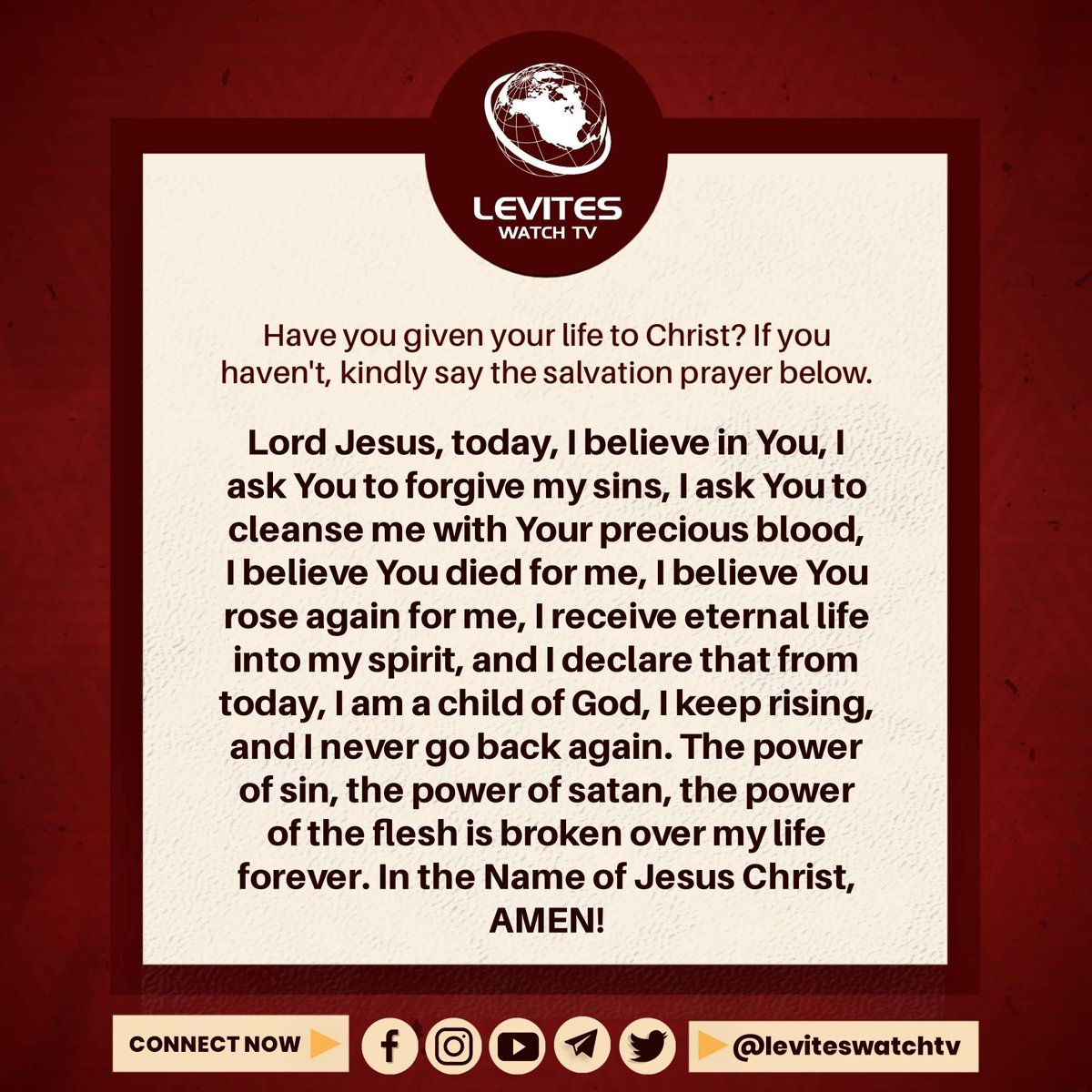 leviteswatchtv's tweet photo. Have you given your life to Christ? If you haven't, kindly say the salvation prayer below.

#salvationprayer #leviteswatchtv https://t.co/rv7OgDY5nx