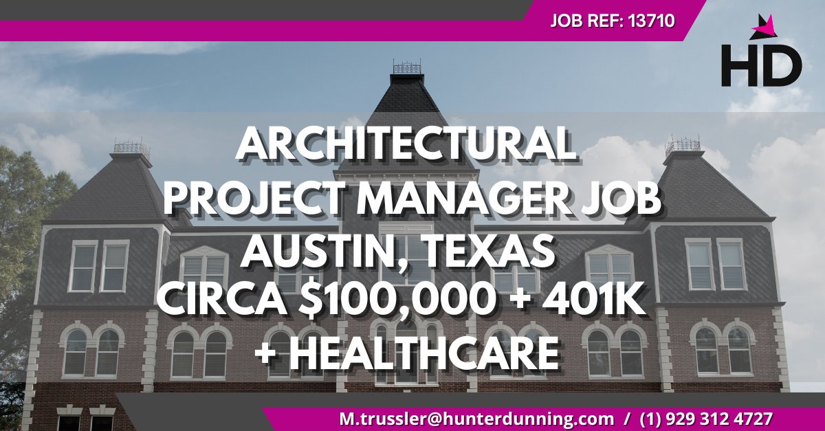 ARCHITECTURAL PROJECT MANAGER JOB Offering circa $110,000 + 401K + Healthcare!

Apply below:
pulse.ly/rln3wucw7u

#austinjobs #jobhunt #jobsearch #projectmanagerjob #architecturalprojectmanagerjob #jobseeker #recruiting #jobopening #hiringandpromotion #personaldevelopment