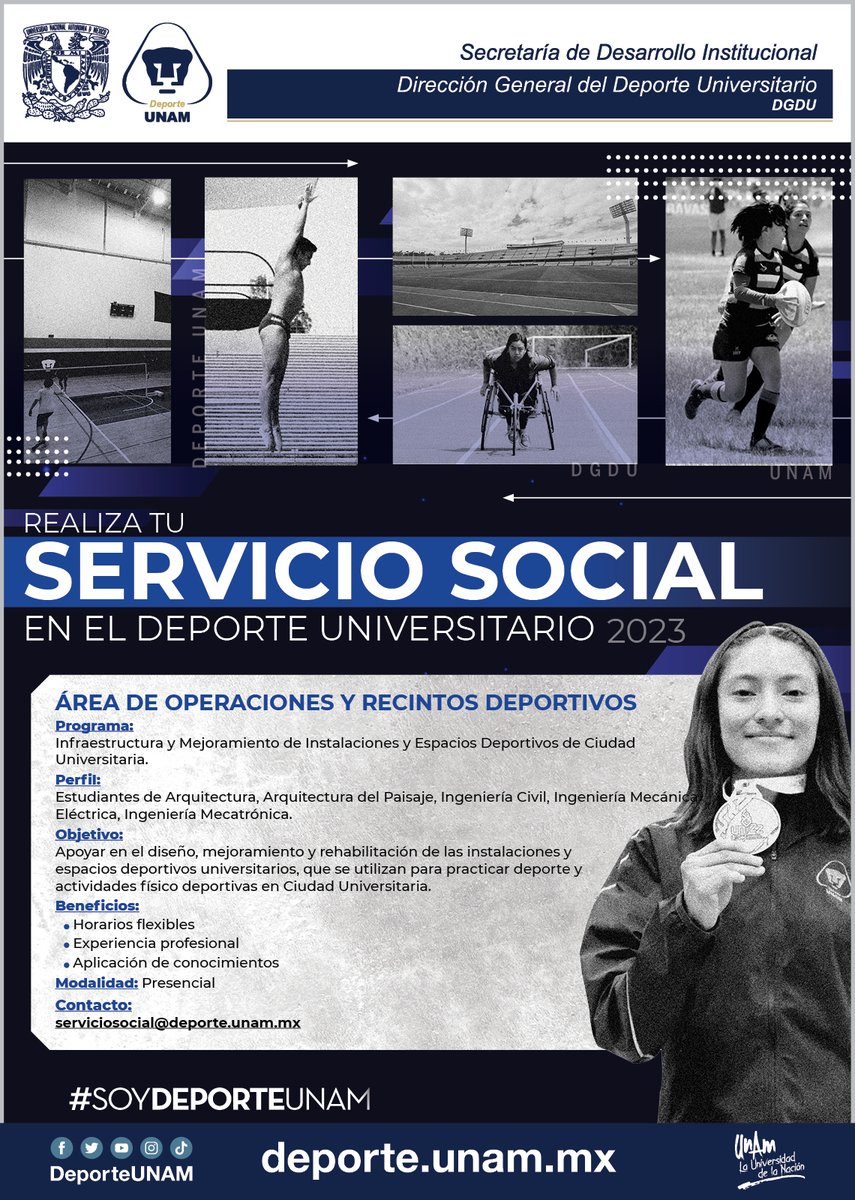 DeporteUNAM's tweet photo. 🙌🏼 Realiza tu servicio social en el Deporte Universitario 2023🤓
Área de Coordinación Jurídica 👩‍⚖️
Área de Medicina del Deporte 🧑‍⚕️
Área de Operaciones y recintos deportivos 🏟
Área de Dirección de planeación y desarrollo académico 🤩
Y más...
>> https://t.co/DsnXbmih1n https://t.co/gNdN0eShbn